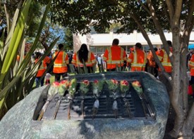 Eight orange roses in remembrance of eight employees who lost their lives in the line of duty