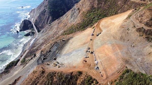 Aerial view depict the Regent's Slide repair site along Highway 1 in the Big Sur North Coast
