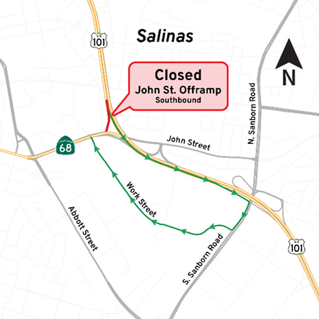 Map of closed area on California highway 101 and 68.
