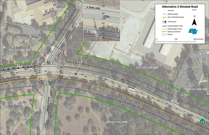 Aerial map showing proposed design for Alternative 2 Signalized Intersections at State Route 68/Olmsted Road (2 of 2 sheets).