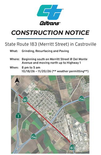 Construction notice for highway 183 in Castroville.