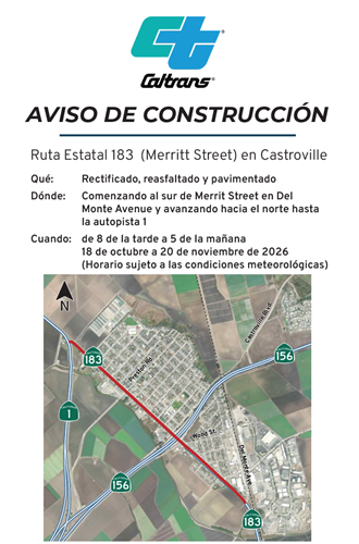 Construction notice for highway 183 in Castroville.