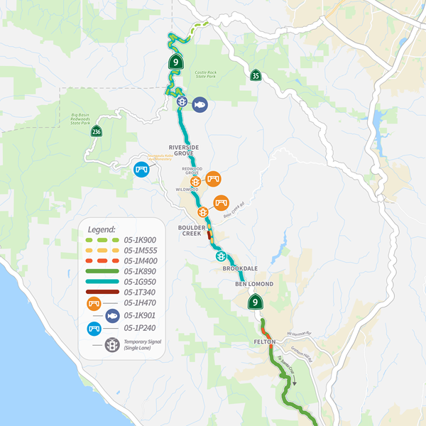 Map of caltrans projects in the San Lorenzo Valley area in Santa Cruz County, California.