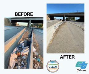 Combo photo image of a freeway before trash cleanup and after trash cleanup.