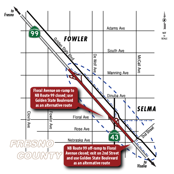 Map showing project ramp closures along SR99 and suggested alternative routes