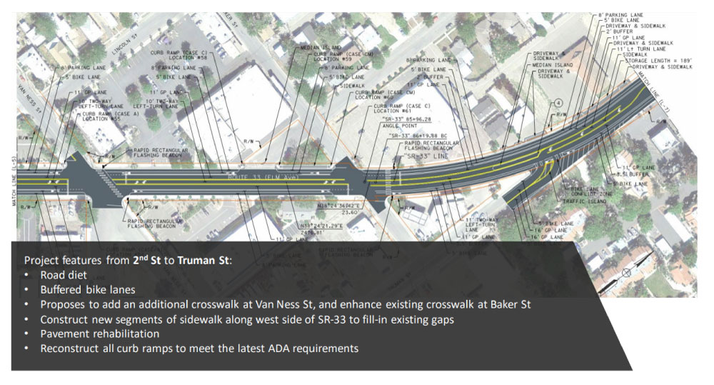 Photo showing the project proposed features from Elm Avenue 2nd Street, with road diet, buffered bike lanes, enhancements to existing crosswalks, pavement rehabilitation, and reconstruct all curb ramps.
