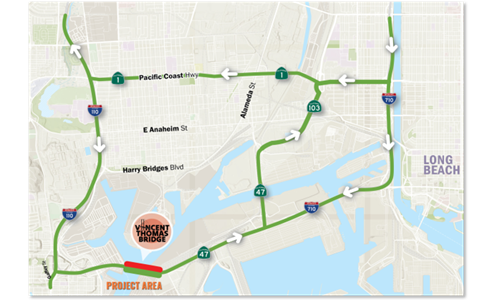 Map showing westbound detour for the Vincent Thomas Bridge