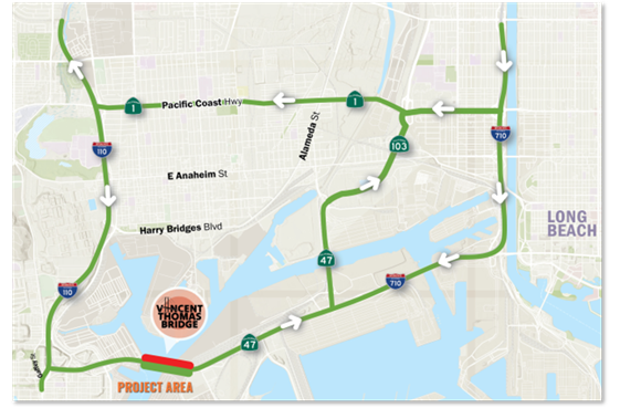 Map showing westbound detour for the Vincent Thomas Bridge
