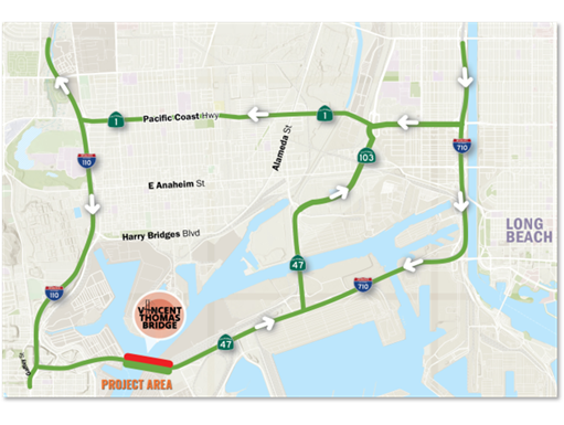 Map showing westbound detour for the Vincent Thomas Bridge