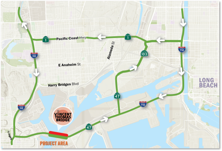 Map showing westbound detour for the Vincent Thomas Bridge