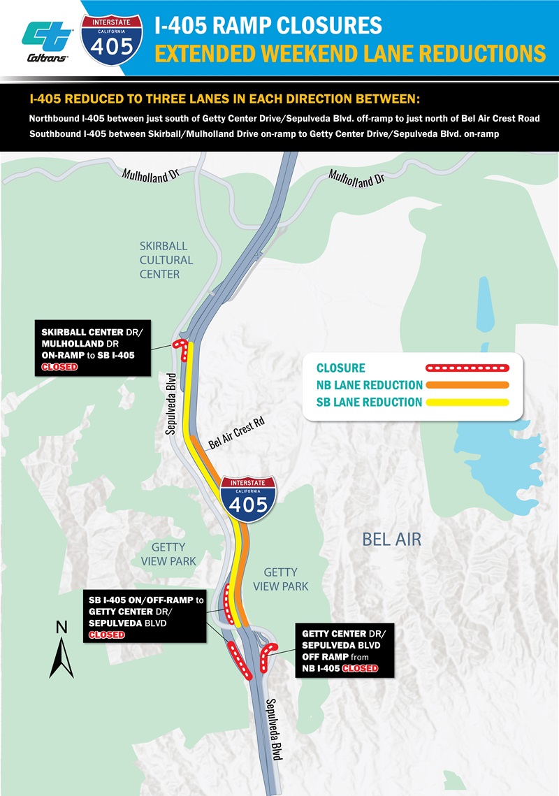 A map for I-405 Ramp Closures and Extended Weekend Lane Reductions through the Sepulveda Pass.