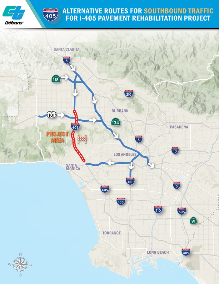 Road map showing alternative routes for southbound traffic for California Interstate 405 pavement rehabilitation project
