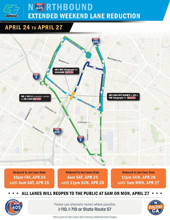 Detour Map for Northbound I-605 in Pico Rivera, California