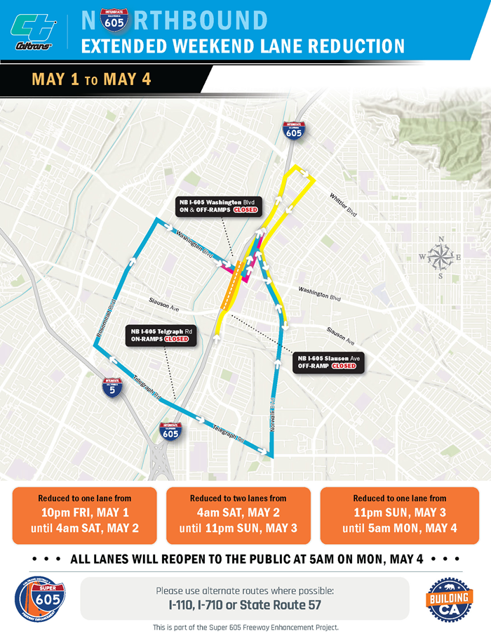 Map of Northbound Interstate 605 lane reduction