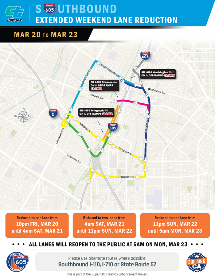 Map of weekend lane reductions on southbound 605 in Pico Rivera