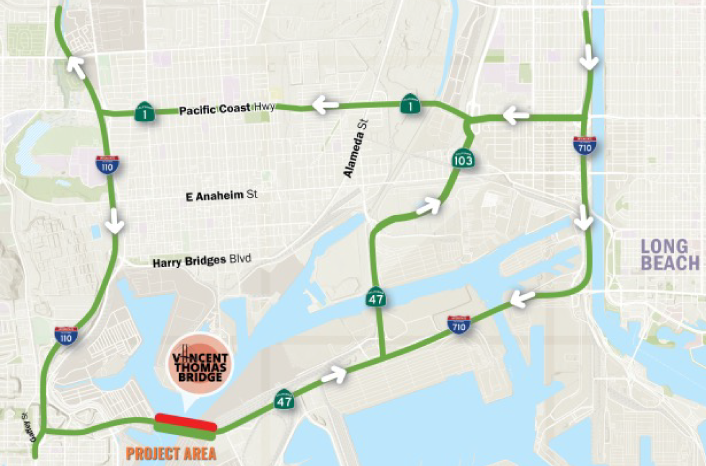 Detour route for westbound overnight closures on Vincent Thomas Bridge