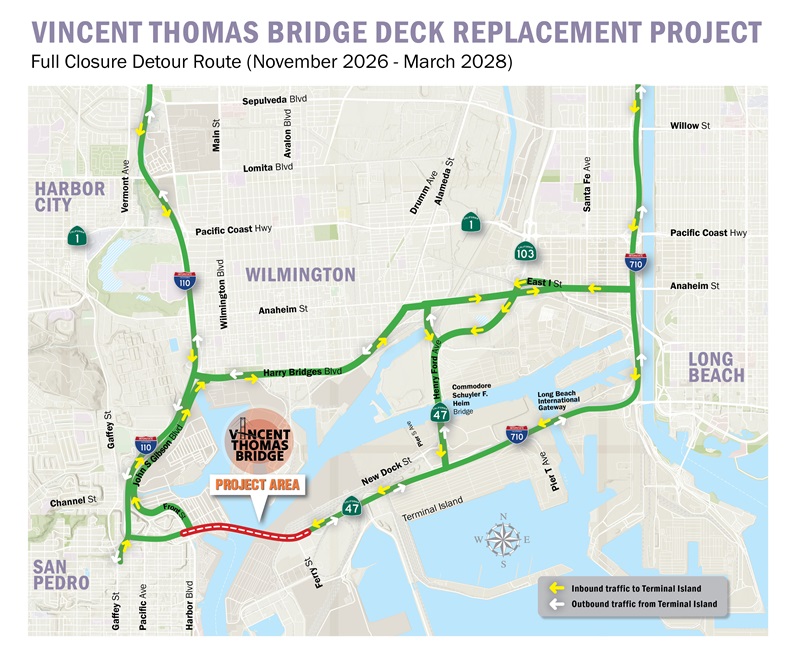 Map showing detour route for Vincent Thomas Bridge construction