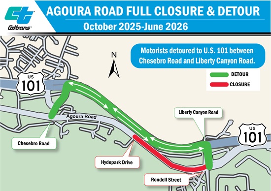 California Map of Agoura Road full closure and detour route