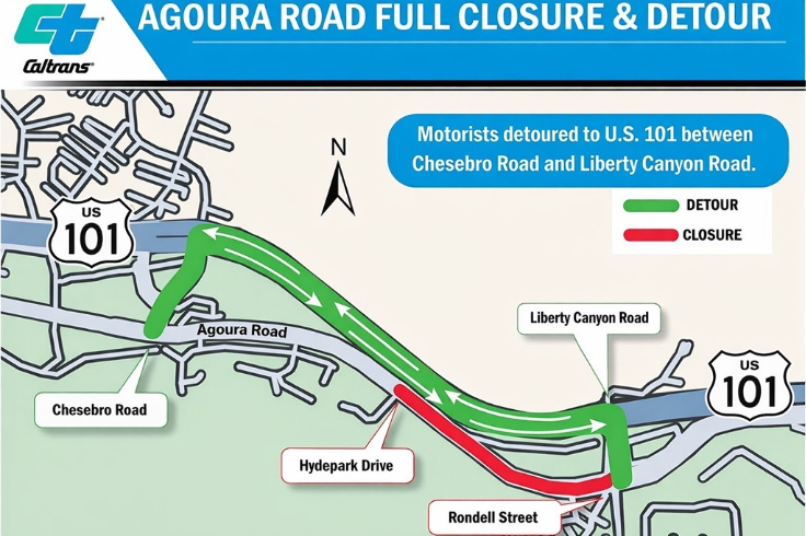 Map of the full Agoura Road closure. Detours available via the US-101.