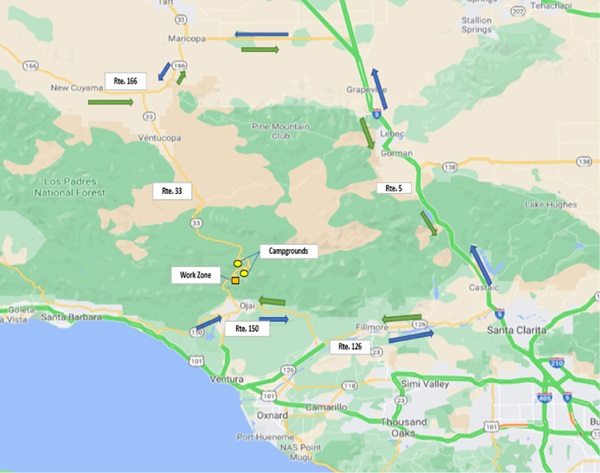 Map Marking Bridge Safety Improvement Project on SR-33 in Los Padres National Forest