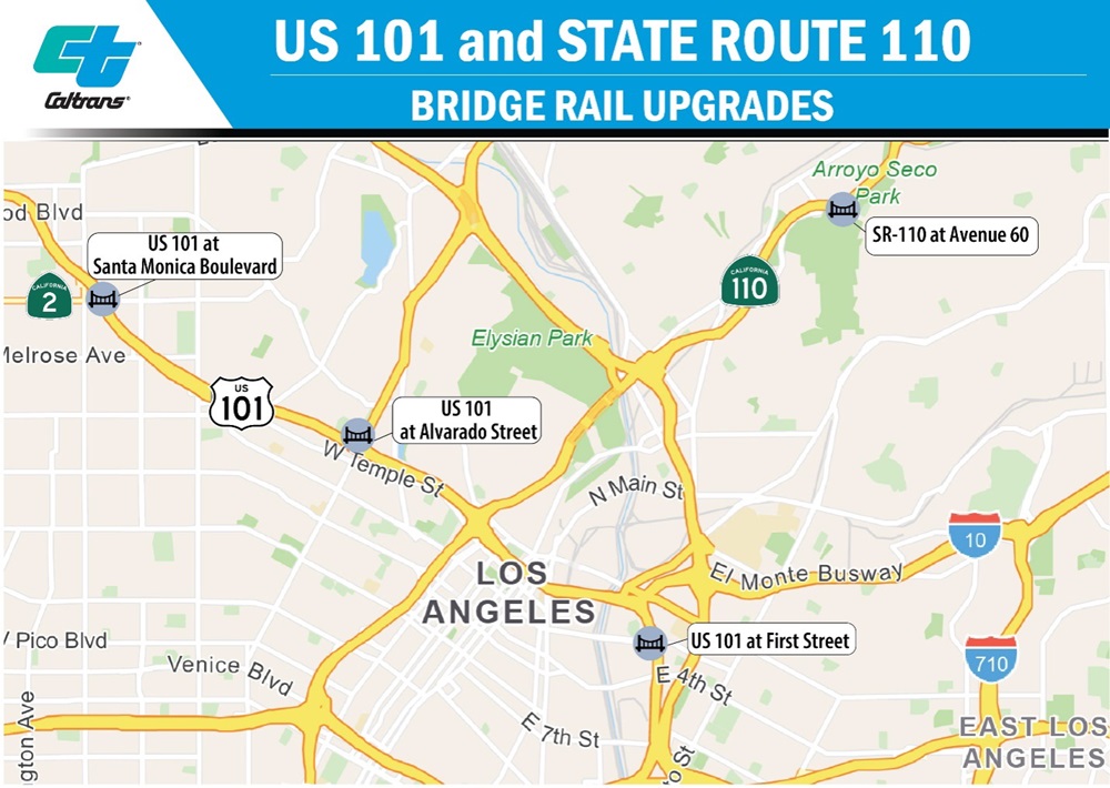 Map of US-101 and State Route 110 Bridge Rail Upgrades