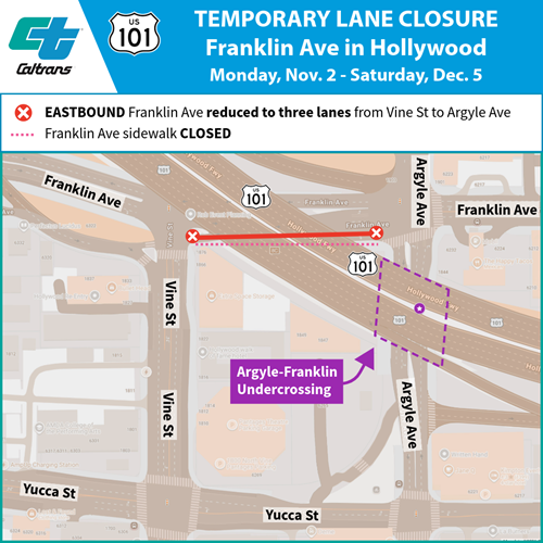 A map of a temporary lane closure on Franklin Avenue between Vine Street and Argyle Avenue in Hollywood (Los Angeles, CA), from Nov. 2 to Dec. 5, 2026.