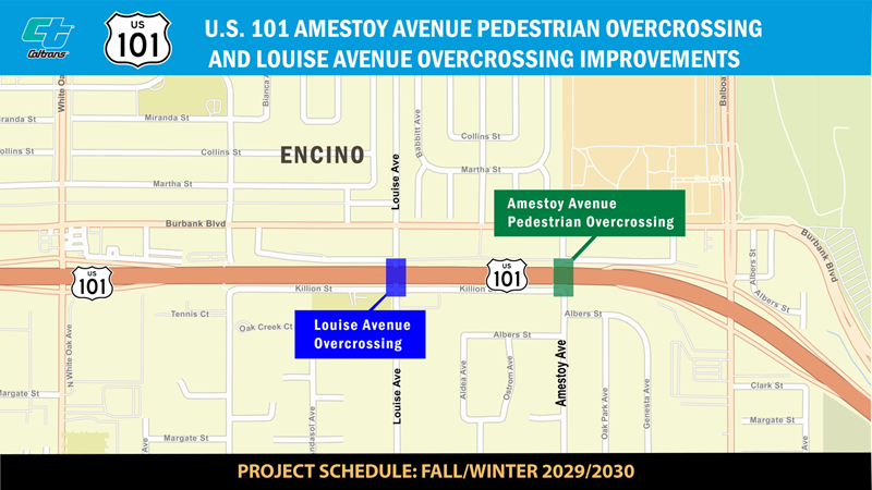 A map showing the location of the project area for the U.S. 101 Amestoy Avenue Pedestrian Overcrossing and Louise Avenue Overcrossing Improvements Project