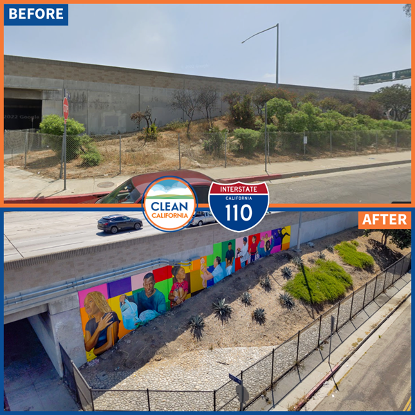 The mural "South Central Strong" by Moses Ball at Colden Avenue and Flower Street, part of the Clean California I-110 Beautification Project.