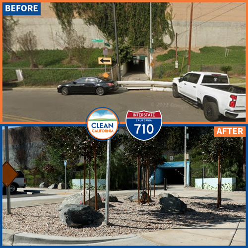 A before-and-after of Bandini Tunnel entryway on Leonis Street with sidewalk and landscaping improvements as part of the Clean California Local Grant project Pathways for Hope—Commerce Connectivity Improvements Project..