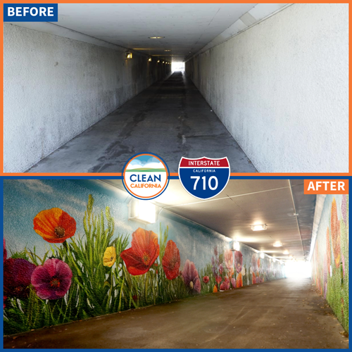 A before-and-after photo of the Bandini tunnel, the I-710 pedestrian undercrossing on Leonis Street in Commerce, with the mural “Walking in a Flower Wonderland” by Vivache Designs, as part of the Clean California Local Grant project Pathways for Hope—Commerce Connectivity Improvements Project..