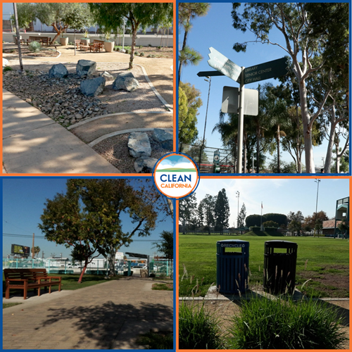 Park improvements at Rosewood, Bristow and Bandini Parks include walking paths with pedestrian lighting, wayfinding signs, trash and recycling containers, drought-tolerant landscaping, decorative paving and fencing, and benches, as part of the Clean California Local Grant project Pathways for Hope—Commerce Connectivity Improvements Project.