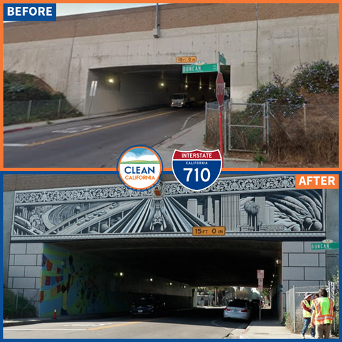 A before-and-after photo of the entryway to the I-710 Triggs Street Underpass in Commerce, with the mural “Pathways of Hope” by Vivache Designs as part of the Clean California Local Grant project Pathways for Hope—Commerce Connectivity Improvements Project.