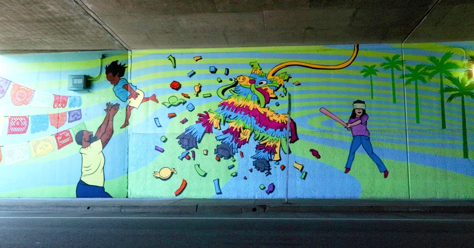 A section of the mural “Belonging” by Vivache Designs, on the south side of the Triggs Street Underpass in Commerce, as part of the Clean California Local Grant project Pathways for Hope—Commerce Connectivity Improvements Project.