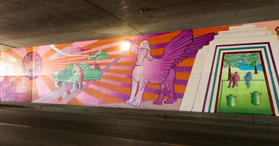 A section of the mural “The Model City” by Vivache Designs, on the north side of the Triggs Street Underpass in Commerce, as part of the Clean California Local Grant project Pathways for Hope—Commerce Connectivity Improvements Project..