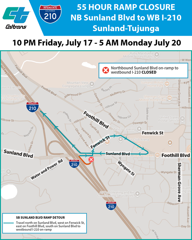 A detour map for the closure of the northbound Sunland Blvd on-ramp to westbound I-210 from 10 p.m.  July 17 to 5 a.m. July 20, 2026.
