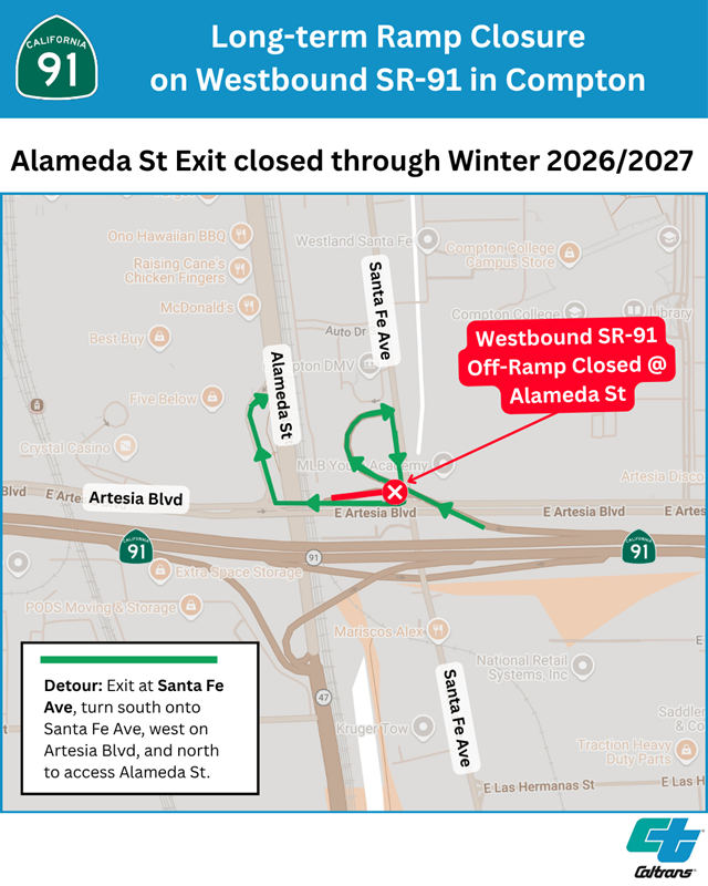 A detour map for the long-term closure of the Alameda St exit at the Alameda/Santa Fe Ave off-ramp in Compton. 