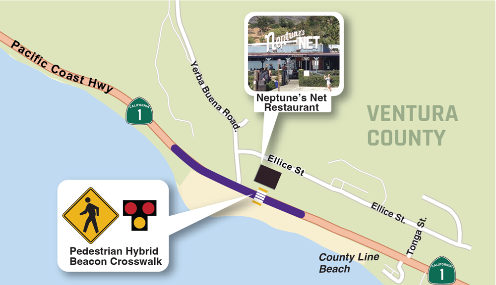 A map of the Caltrans construction project area for a marked crosswalk on Pacific Coast Highway near Yerba Buena Road in Ventura County.