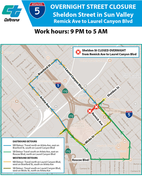 A map showing overnight street closure and detour information. Sheldon Street will be closed overnight between Remick Avenue and Laurel Canyon Boulevard starting as early as 9 p.m. until 5 a.m.