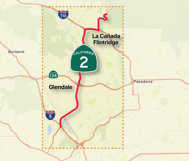 A map of project limits for the State Route 2 Pedestrian Improvements project along 11.5 miles of SR-2 from Riverside Drive to Gould Mesa in the cities of Los Angeles, Glendale, and La Cañada Flintridge