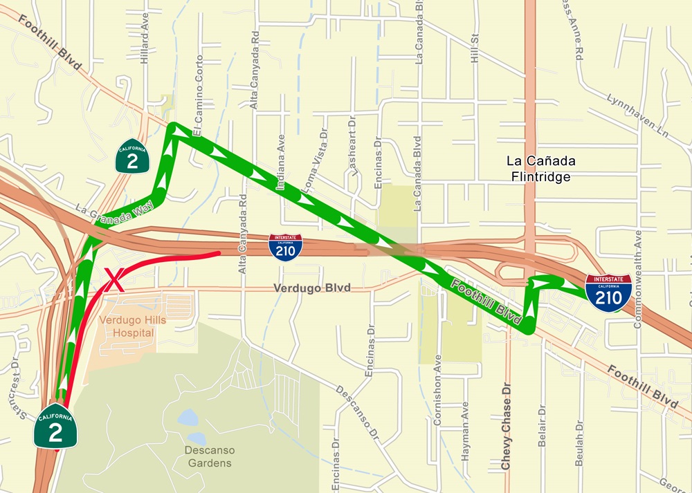 30-Hour Weekend Closure of Northbound SR-2 to Eastbound Route I-210 Connector Detour Map