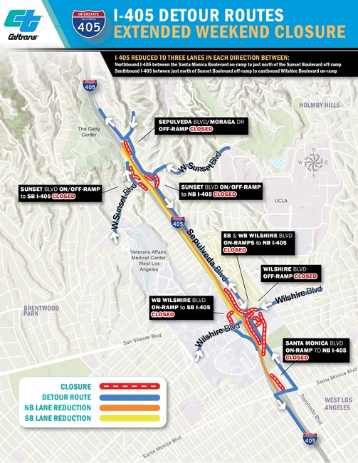 Map of California Interstate 405 Detour Routes Extended Weekend Closure