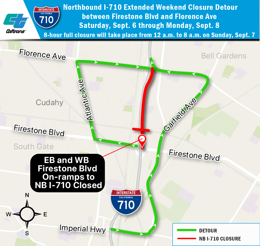 Map showing Overnight Closures and Extended Weekend Full Closure of Northbound Interstate 710 in Bell Gardens for Bridge Repairs