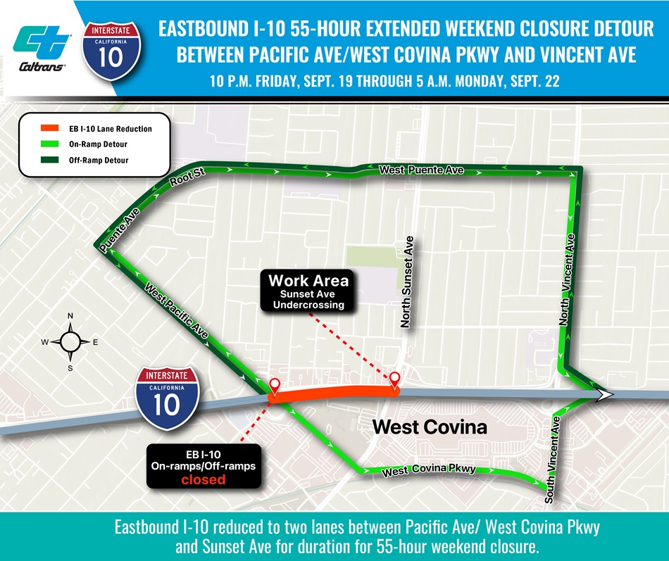 Map of Eastbound Interstate 10 Extended Weekend Closure 