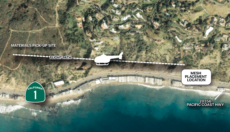 Labeled and marked map showing helicopter flight path in Malibu / PCH area