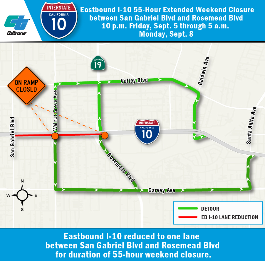 Traffic Map indication overnight closures and extended weekend full closure of northbound Interstate 710 in Bell Gardens for bridge repairs