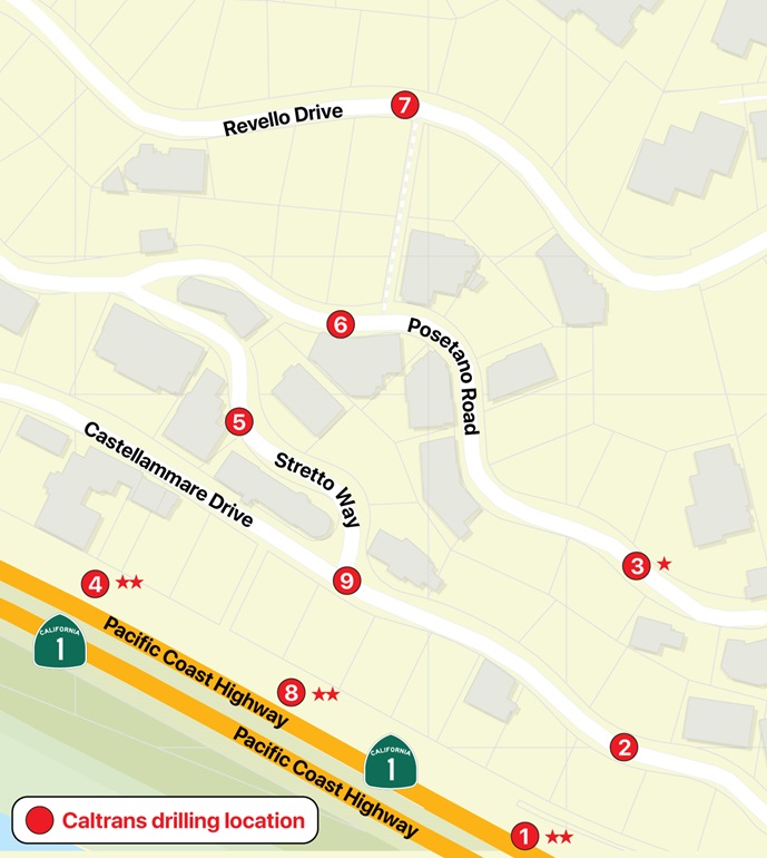 A map showing nine site locations on Pacific Coast Highway, Castellammare Drive, Posetano Road and Revello Drive where Caltrans geotechnical crews will be drilling to take soil samples. 