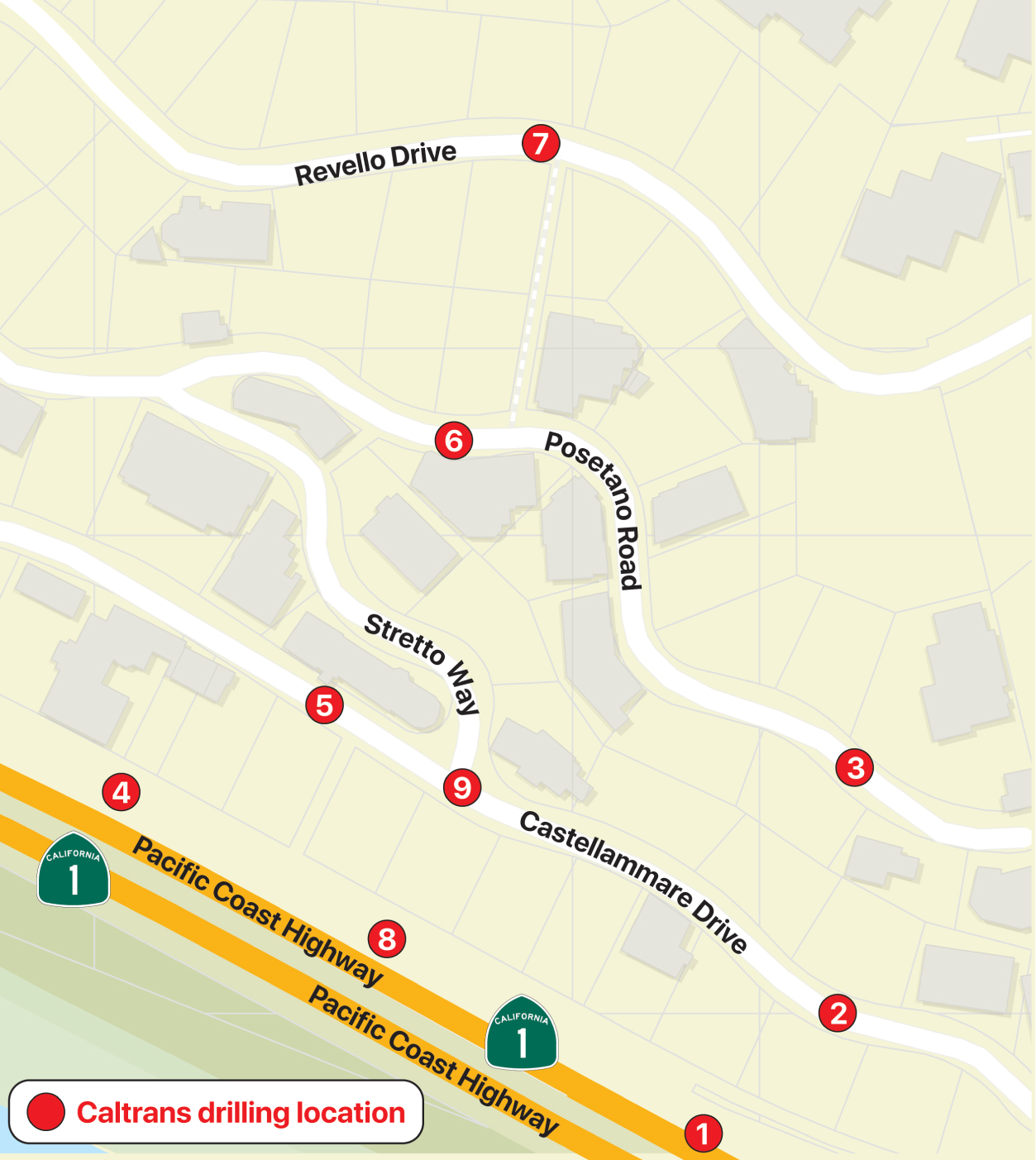 A map showing nine drilling locations on PCH and city streets in the Castellammare area where Caltrans is taking soil samples.