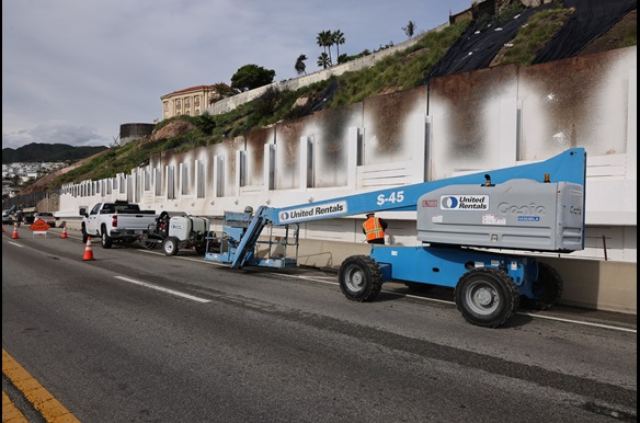 Crews work on restoring and repairing a retaining wall in front of Getty Villa on PCH in January 2026.