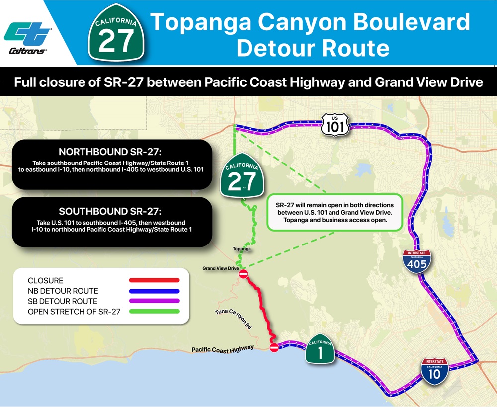 A detour map showing use of PCH, I-10, I-405 and U.S. 101 to avoid a full closure of SR-27 between PCH and Grand View Drive.