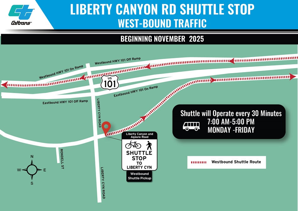 Map of West-Bound Shuttle bus route at Liberty Canyon